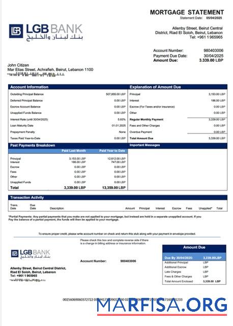 Printable Lebanon and Gulf Bank mortgage statement Word and PDF template